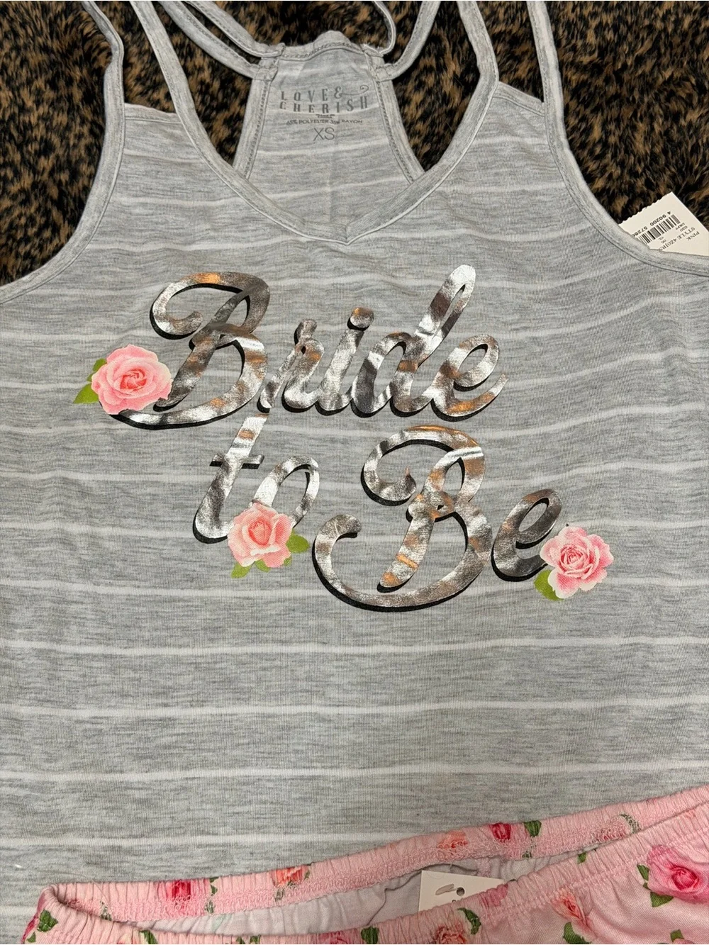 NWT Love & Cherish Bride To Be Gray Striped Tank & Pink Rose-Print Pajama Set